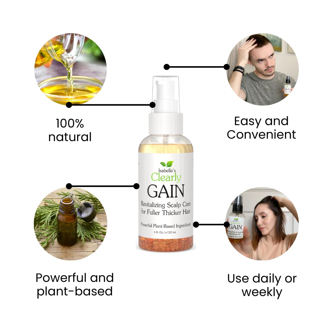 Isabella's Clearly GAIN, Hair Thickening Serum for Men and Women | Natural Herbal Scalp Oil with Castor, Jojoba, Clary Sage, Rosemary, Nettle Extract for Hair Loss, Thinning Hair | Made in USA