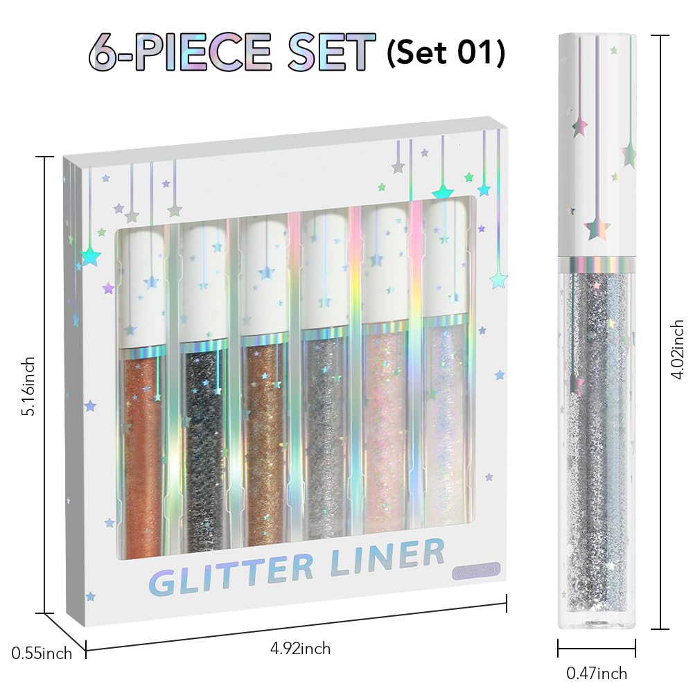 evpct 6Pcs Sparkle Glitter Liquid Eyeliner Eye Makeup Set, Metallic Liquid Eyeliner Waterproof Long-lasting, Liquid Glitter Eye liner in Multi Colors for Stunning Shimmery Eye Look, 01#