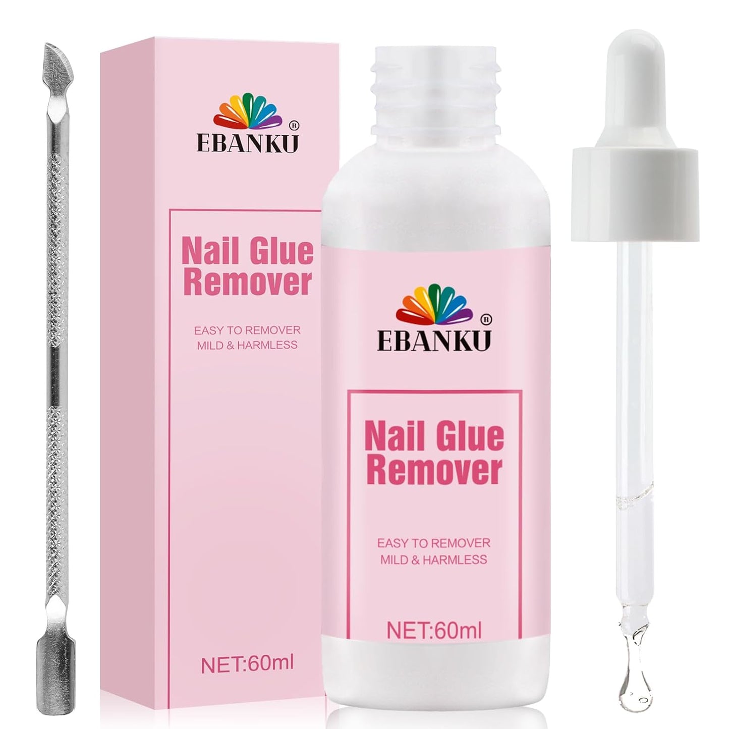 EBANKU 60ML Nail Glue Remover, Press On Nail Remover Quick Easy Removal, False Nails Adhesive Debonder with Cuticle Pusher, Non-Acetone Gentle Off for False Tips