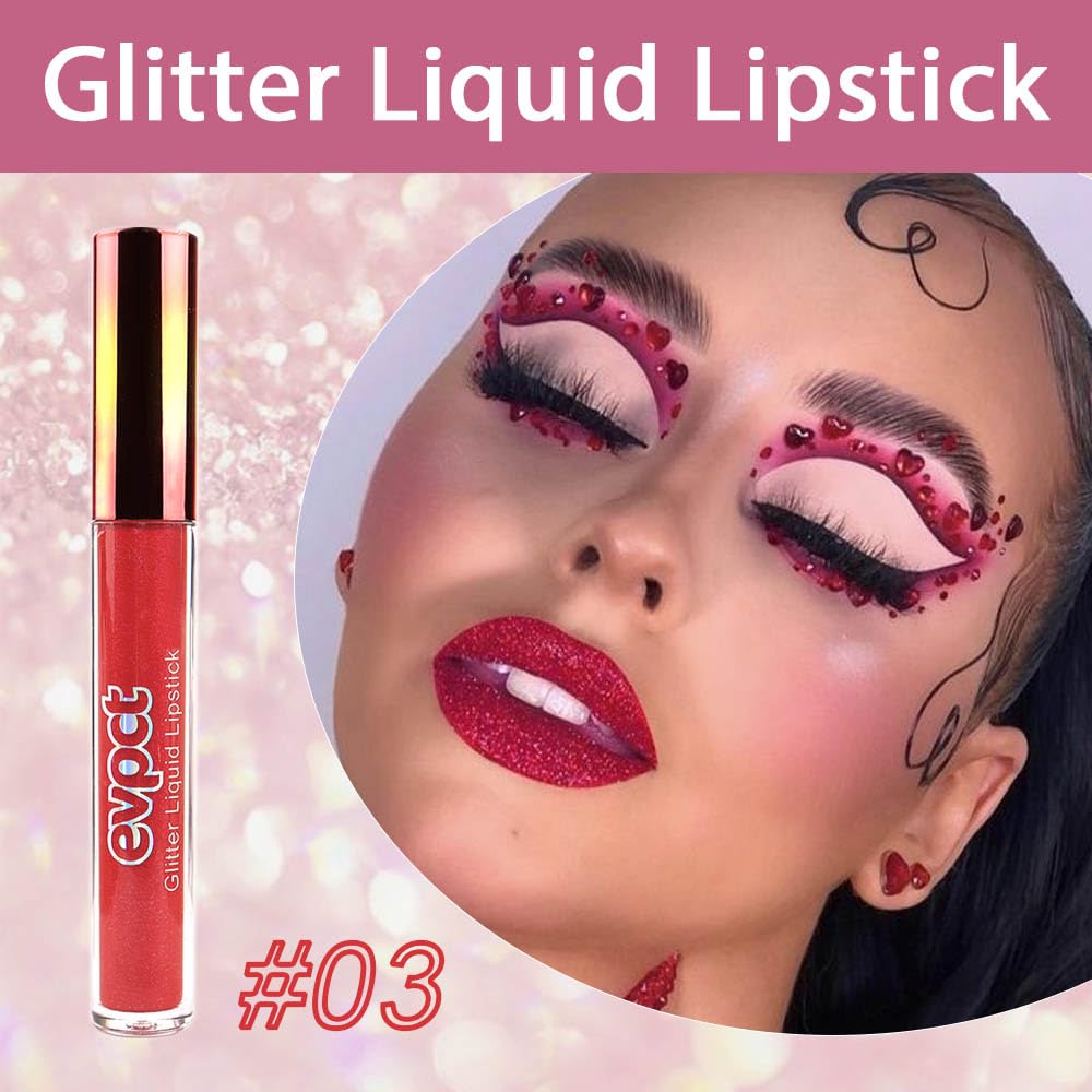 evpct 1Pcs Hot Bright Red Glitter Metallic Shimmer Diamond Lipstick Lip Gloss Stain Set for Women Long Lasting Waterproof, Dark Red Sparkle Glitter Matte long wear Liquid Lipstick Lip Makeup Kit
