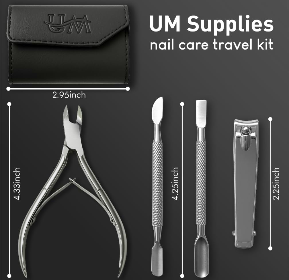 UM Supplies Cuticle Nipper with 2 Pushers and Nail Cutter 4 Pieces Travel Set + Storage Pouch, Stainless Steel Manicure Pedicure Tool for Nail Care Jaw 14 (5mm) Double Spring