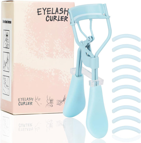 Eyelash Curler with Pads, Lash Curler with 10 Extra Silicone Replacement Pads, Comfortable Grip for Effortless Curling – Eyelashes for The Perfect Eye Contour (Crystal Blue)