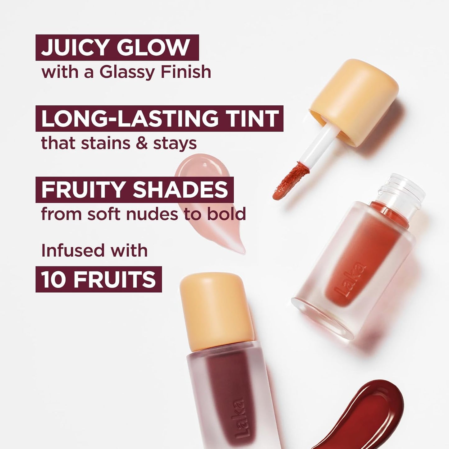 Laka Fruity Glam Lip Tint Mini, Glowing Lip Stain with Wide Color Spectrum, Hydrating & Lightweight Texture, Long-Lasting Bold Stain, Non-Sticky, Vegan, K-Beauty (#124 Maro)