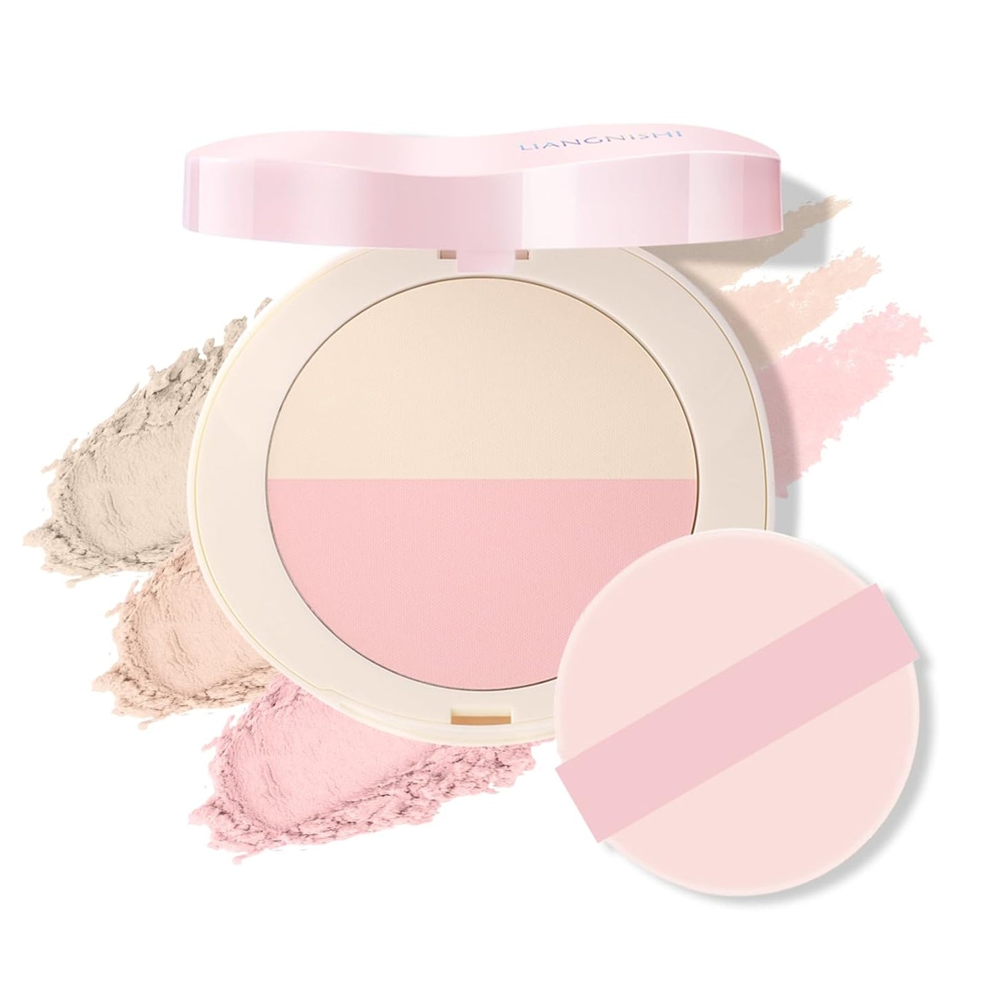 Pink Setting Powder, 3 in 1 Blush Palette with Puff, Highlighter Palette, Fine Texture Blush Pressed Powder, Setting Powder Makeup, Korea Makeup - Pink
