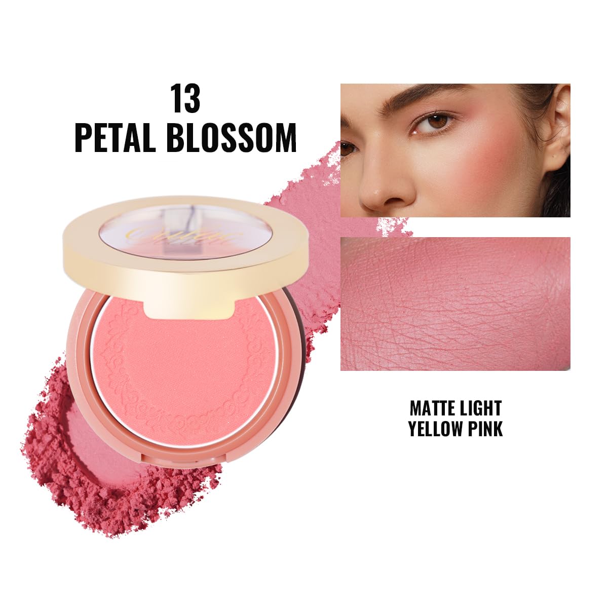 Oulac Yellow Pink Blushers for Cheeks Fair Skin Vegan,Mineral Powder Blush,Rich Colors, Buildable Blusher, Easy to Blend,Vegan,4,8g 13 Petal Blossom