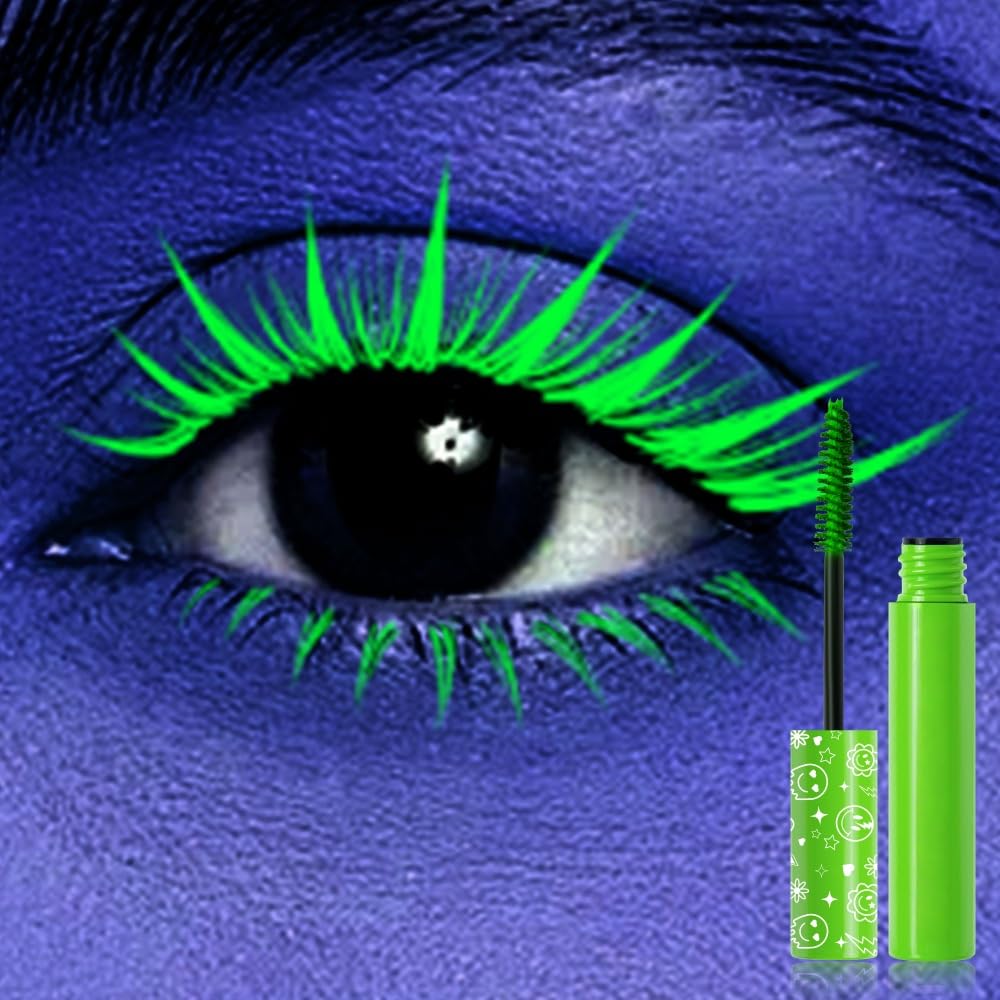6 Colors Fluorescent Mascara, Glow Colored Mascara, Parties, Weddings, Stage Use, Party Night, Halloween Christmas Parties, High Pigmented, Apply to Eyelashes/Eyebrows/Hair (Green)