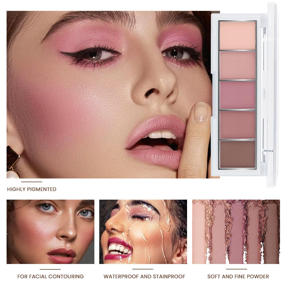 5 Colors Matte Pink Eyeshadow Makeup Palette, Nude Pink Rose Mauve Brown Cocoa Neutral Matte Cream Mini Eye Shadow Palette Makeup for Older Women Blue Green Eye, Blush Contour Palettes sombras de ojos