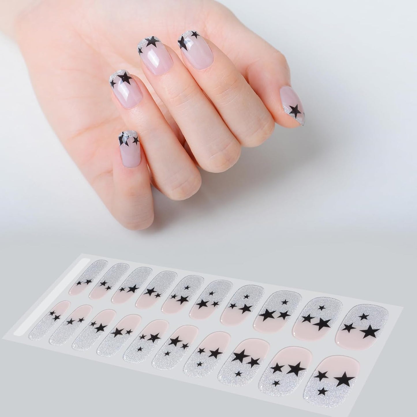 WOKOTO 1 Sheet Semi Cured Gel Nail Strips With Wood Stick, Nail File & Prepared Pads, 20 Tips Star & Glitter French Semi Cured Nail Polish Strips, Harden With UV Light Gel Nail Stickers Wraps