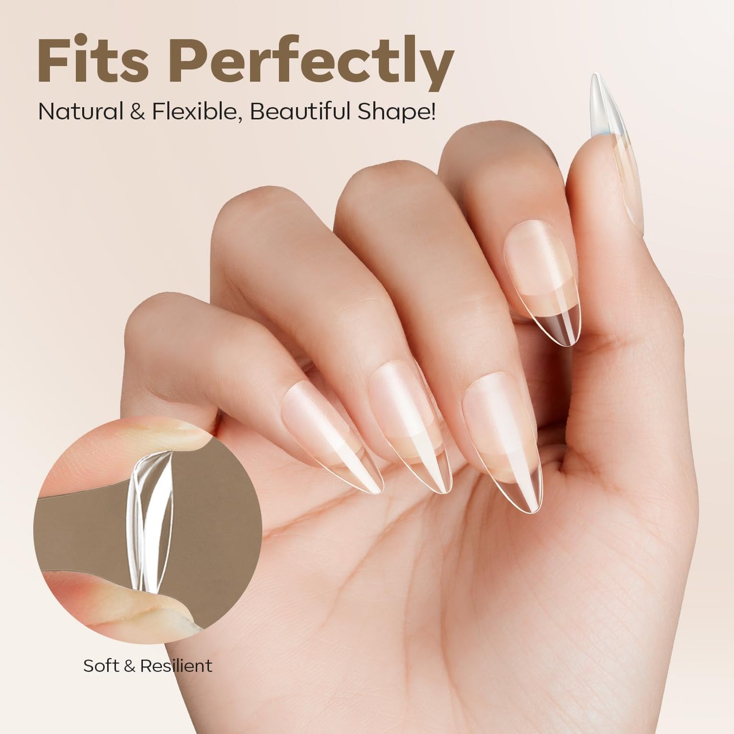 modelones Medium Almond Nail Tips, Pre-shaped Soft Gel Tips Fake Nails False Acrylic Clear Full Cover Press on Extension Kit Gel Manicure DIY at Home 216PCS 12Sizes
