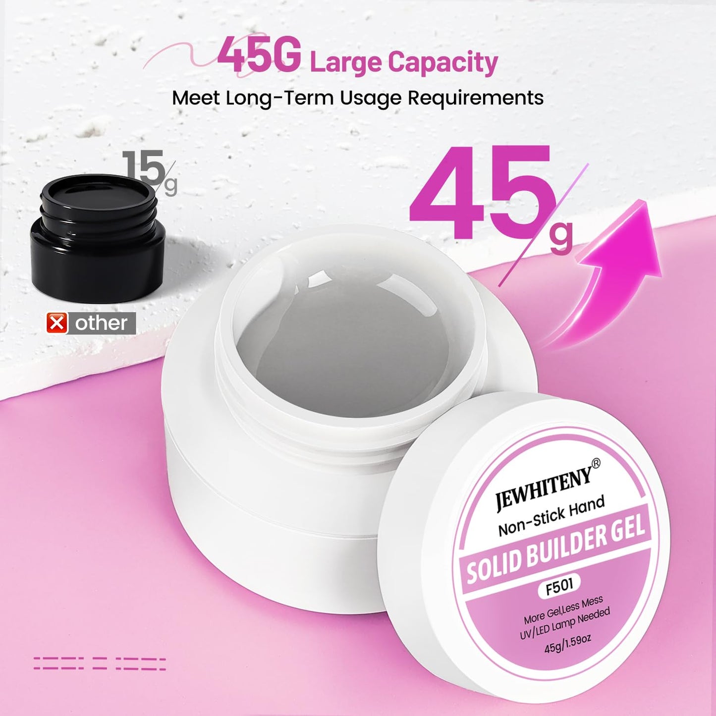 JEWHITENY 45g Large Capacity Clear Solid Builder Gel: Non-sticky 3D Sculpting Gel For Nail Extension, Nails Carving & 3D Molding Nail Art