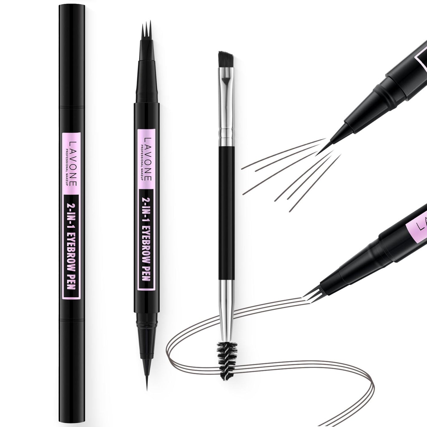 LAVONE Eyebrow Pencil, 2-In-1 Waterproof Eyebrow Pen, with 3 Tip Microblading Eyebrow Pen and Ultra-Precise Brow Pencil, Dual-ended Eyebrow Brush, for Eyebrow Makeup - Dark Grey