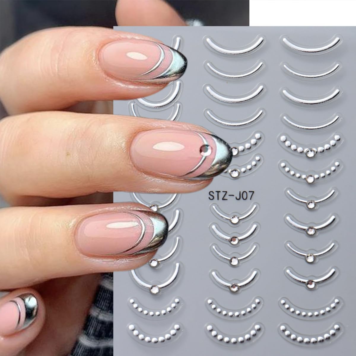 4 Sheets French Tip Nail Art Stickers 5D Simple Gold Silver Line Nail Stickers with Shiny Diamond Design Self-Adhesive Nail Decals French Sticker for Women Manicure Decorations