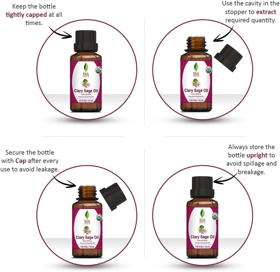 SVA Clary Sage Essential Oil Organic – 1/3 Fl Oz – 100% Natural Organic Clary Sage Oil - for Diffuser, Hair Care, Face, Skin Care, Aromatherapy, Scalp and Body Massage, Soap and Candle Making