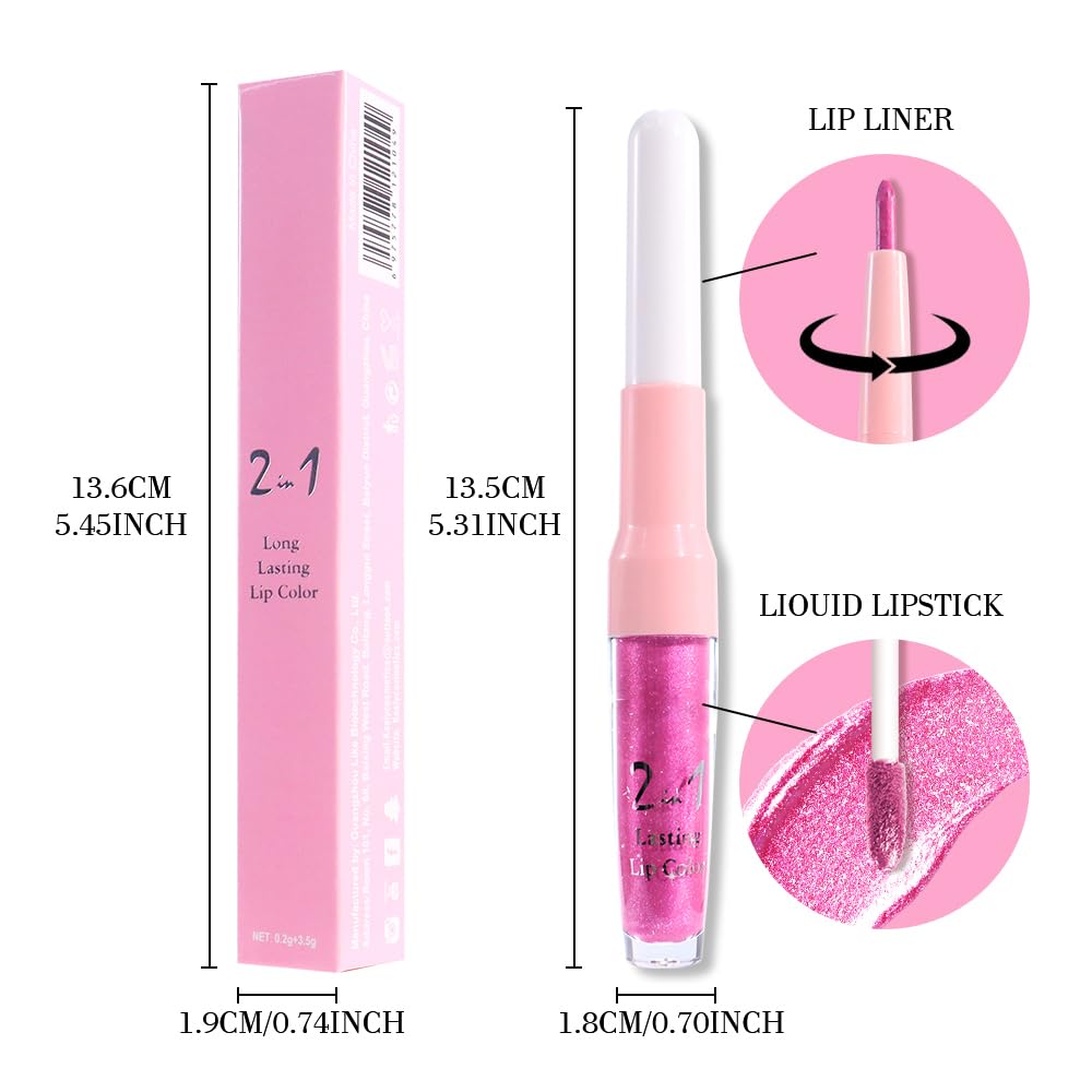 evpct Hot Pink Metallic Glitter Lip Liner and Lipstick Combo Lip Gloss Stain Set Makeup for Women Long Lasting Waterproof 24, Rose Pink Frosted Metallic Shimmer Glossy iridescent Liquid Lipstick 07