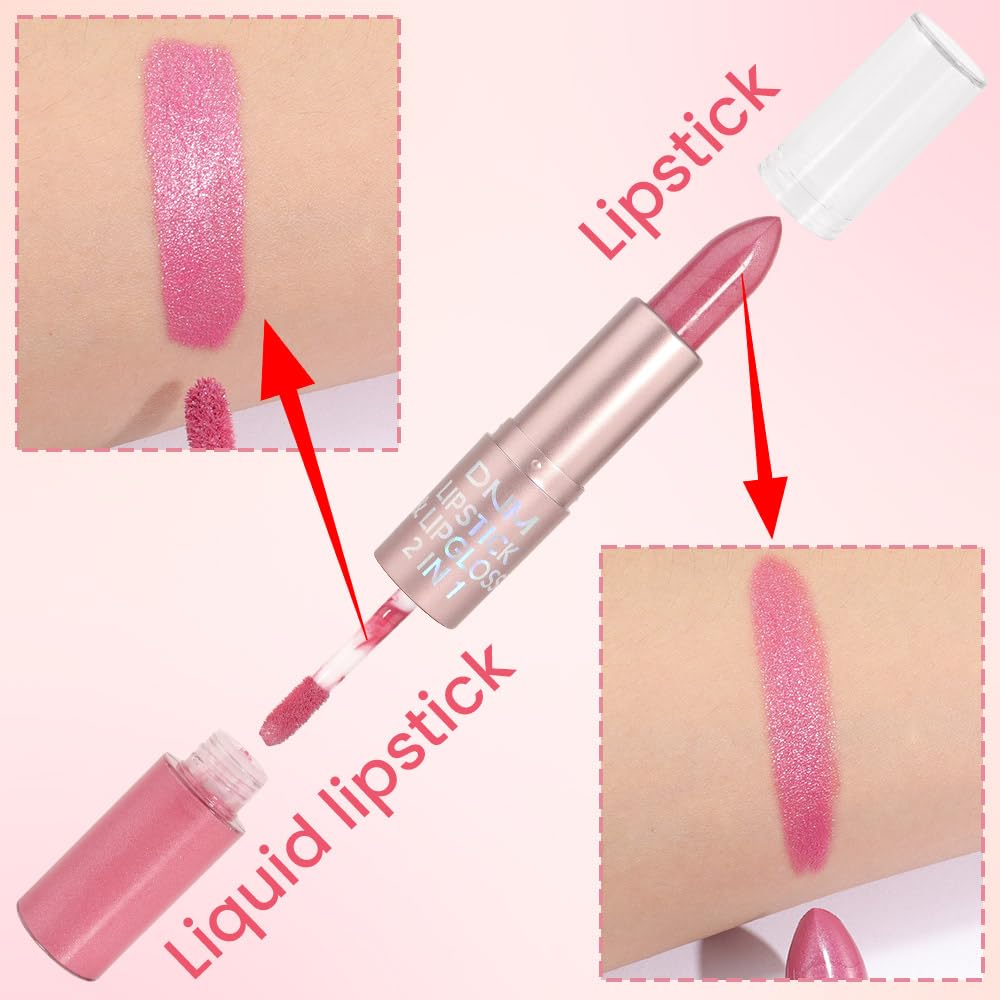 evpct 2 in 1 Rose Pink Glitter Metallic Shimmer Diamond Lipstick and Lip Gloss Set for Women Long Lasting Waterproof, Baby Nude Pink Sparkle Glitter Shiny Lipstick and Lip Liner Makeup Set, 06#