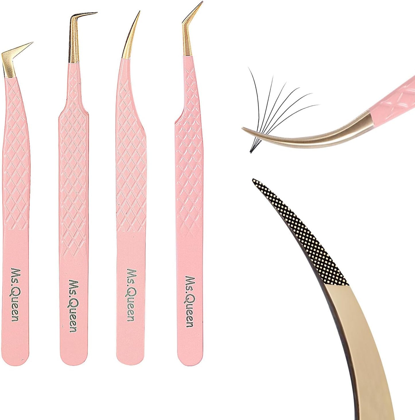 Ms.Queen Lash Tweezers for Eyelash Extensions,Precision 4Pcs Fiber Tip Grip 45 90 Degree L-Shaped Boot Curved Isolation Eyelash Tweezers Set
