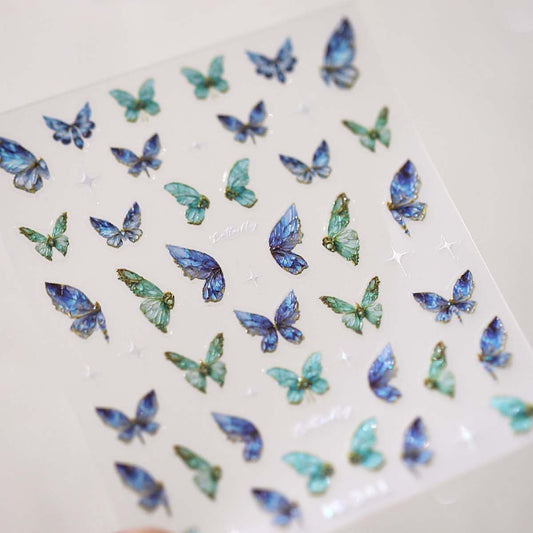 5D Embossed Blue Butterfly Nail Stickers Butterfly Nail Art Blue Green Nail Decals Spring Stickers for Nails Designs Self Adhesive Nail Art Supplies & Decorations for Women Girls 1 Sheet
