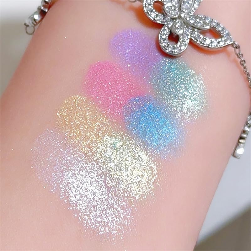 8-Color Highlighter & Contour Palette - Shimmer, Glitter, Iridescent Multichrome Holographic Eyeshadow for Face & Cheek, Purple Rainbow Highlight Makeup
