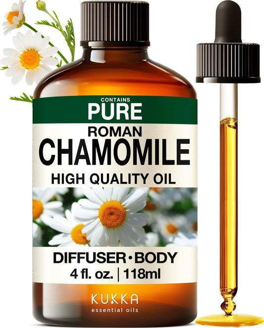 Kukka Roman Chamomile Essential Oil for Tranquil Retreats and Peaceful Relaxation - 4 Fl Oz - Soothing, Comforting and Calming, DIY Soap Making Scents