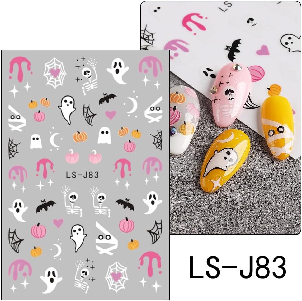 8 Sheets Halloween Cute Nail Stickers Pumpkin Ghost Mummy Cat 3D Self Adhesive Black Nail Decals Spider Web Bat Nail Art Design Halloween Party DIY Nail Art Decoration for Women Kid Girls