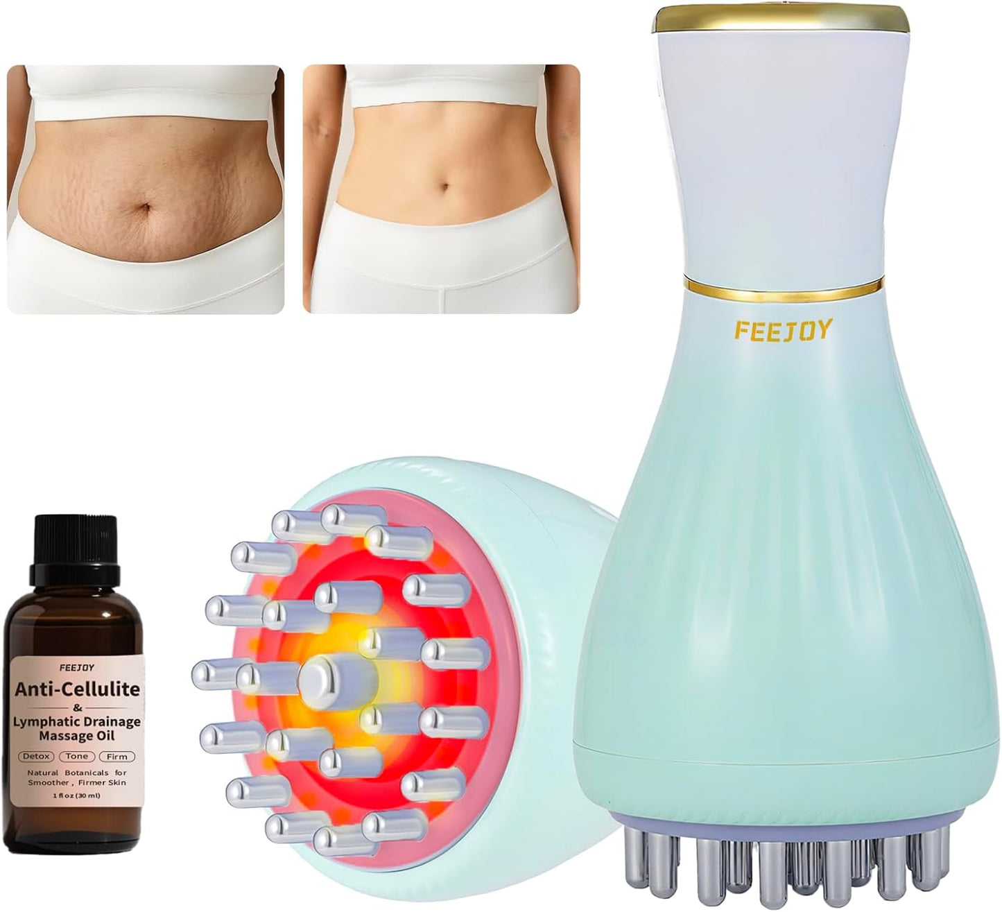 Lymphatic Drainage Massager & Massage Tool with Cellulite Oil, Body Sculpting Machine & Fascia Blaster for Cellulite with Microcurrent, Light, Heat & Vibration, for Legs, Arms & Belly