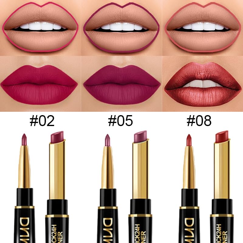 evpct 3Pcs Plum Purple Wine Mauve Red Lip Liner and Lipstick Set for Women Matte Matt 24 Hour Lipstick Pen and with Lip Liner Pencil Set Long Lasting 24 labial labiales mate 24 horas originales