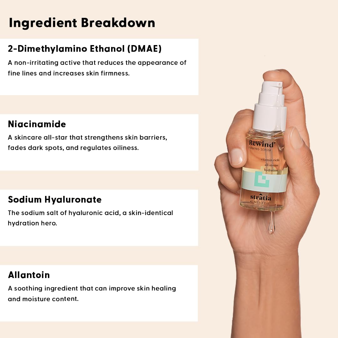 Stratia Rewind Firming & Hydrating Serum with Hyaluronic Acid & Niacinamide - Moisturizes & Evens Skin Tone with DMAE for Smooth, Plump Skin, 1.3 Fl Oz