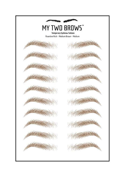(10 pairs) Medium Brown Temporary Eyebrow Tattoo - Medium Size - Waterproof & Smudgeproof - Assertive Arch Style Eyebrow Stickers - Sheet Lasts up to 30 Days - Won't Work on Existing Brows
