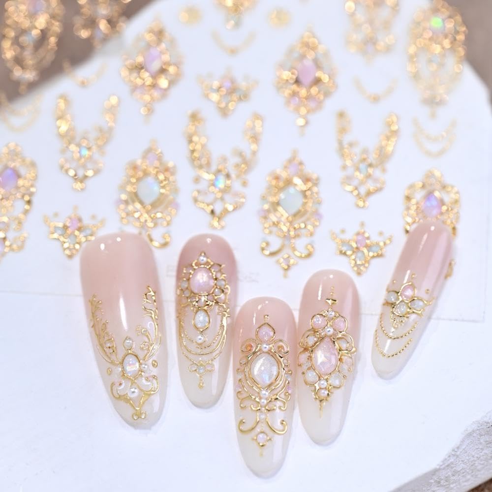 1 Sheet 5D Self-Adhesive Gem Nail Stickers Vintage Style Totem Nail Supplies 5D Embossed Gold Necklace Nail Decals Pink Diamond Nails Designs Baroque Scepter Nails Art Decoration for Women Manicure