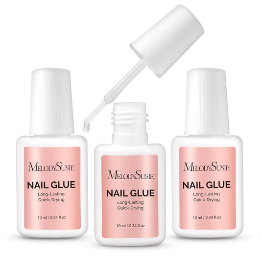 Melodysusie Brush-On Nail Glue for Acrylic Nails Press on Nails Quick-Drying Super Strong Long Lasting Adhesive for Nail Tips Fake Nails No UV Lamp Needed with Easy Application 10ml*3