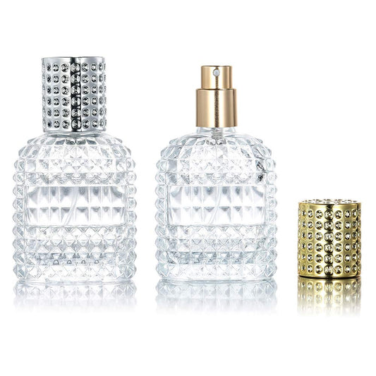 2 Pack 30ml Refillable Clear Glass Fine Mist Empty Spray Perfume Bottles, Atomizer Spray Bottle With 4 kinds of perfume dispenser (Silver cap and Gold cap)