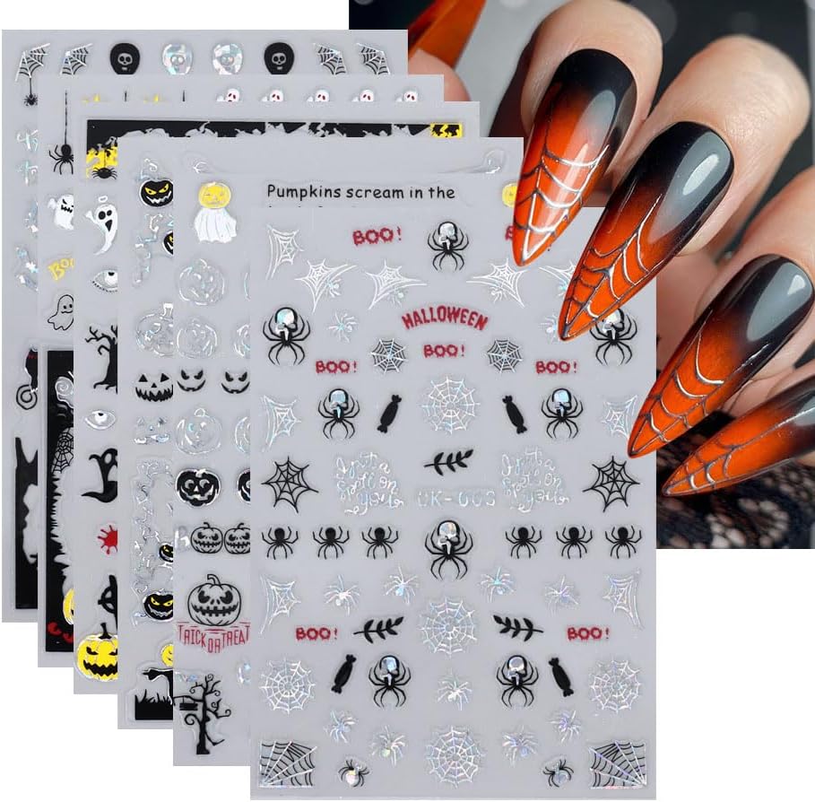 6Pcs Halloween Nail Stickers for Nail Art Cute Ghost Pumpkin Nail Art Stickers Spider Web Skeleton Bat Nails Design Decals Halloween Nail Supplies for Women Girls DIY Manicure