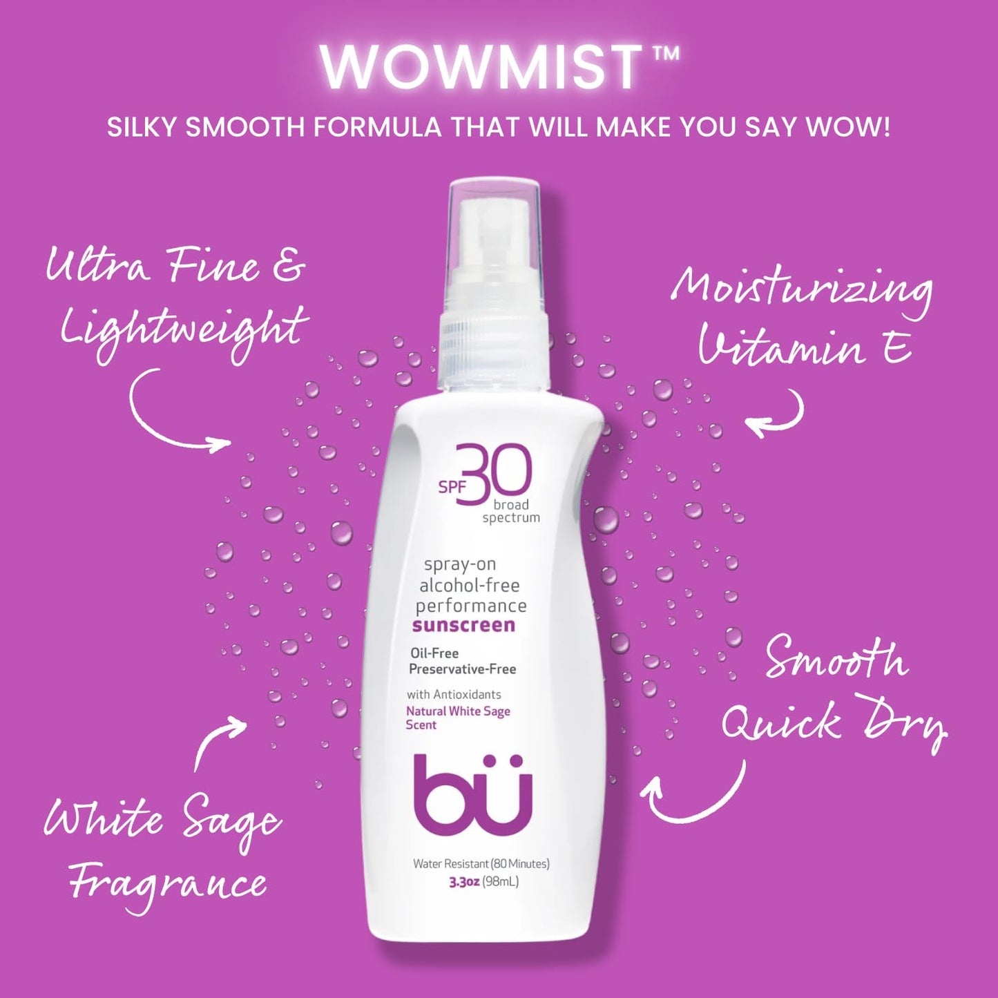BU SPF 30 Sunscreen Spray for Face and Body, Non Aerosol Spray, Ultrafine WOWmist, TSA Travel Size Sunscreen, Clear, Non Greasy, Water Resistant, White Sage 3.3 oz