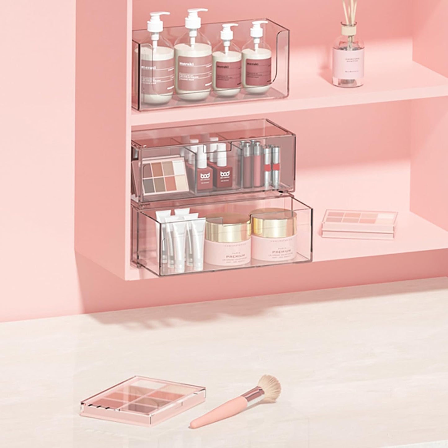 Stackable Storage Drawers Clear Plastic Storage Bins Bathroom Drawer Organizer Medicine Cabinet Organizer Makeup Organizers w Removable Divider Home Workspace Office Desktop Vanity Gift Idea 4Pack