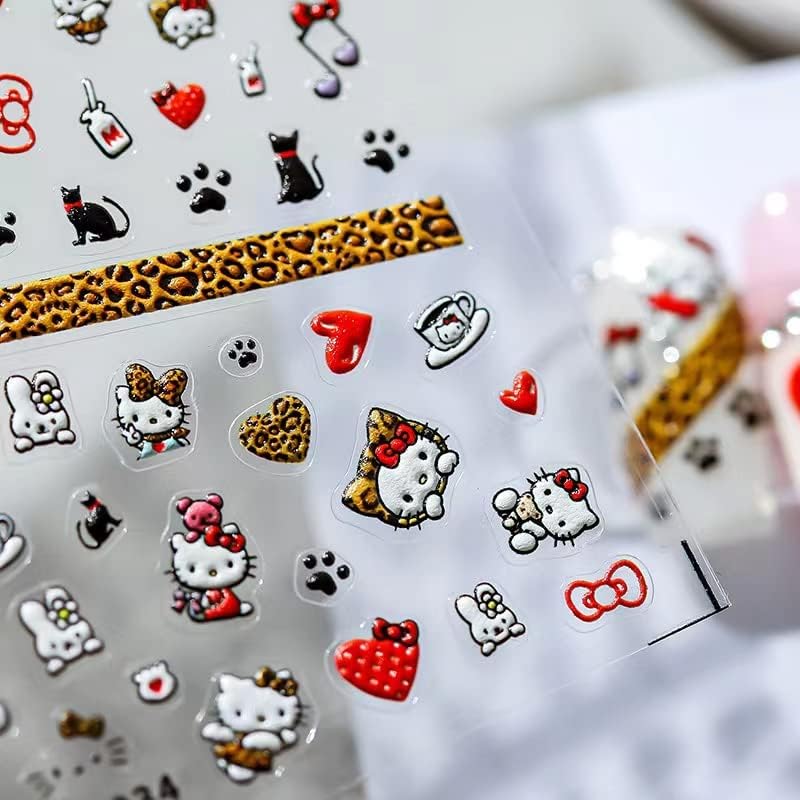 Dedyel Cute Nail Stickers 5D Embossed Cartoon Cat Nail Stickers Kawaii Animal Self-Adhesive Nail Decals for Women Girls Kids Nail Art Decoration