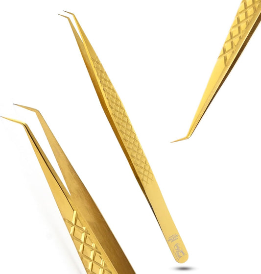 Curved Isolation Tweezers for Lash Extensions – Diamond Grip, Stainless Steel 14cm Best for Individual Isolation & Classic pinzas para pestaña (Gold titanium)