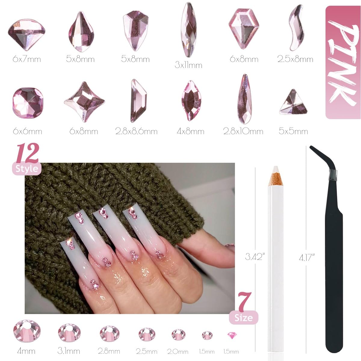 3080Pcs Pink Rhinestones Nail Crystals 120 Multi Shapes Flatback Light Pink Gems Round Beads K9 Glass Stones Diamonds jewels Nail Art Supplies Nail Charms for Nails Faces Eyes Makeup Crafts DIY