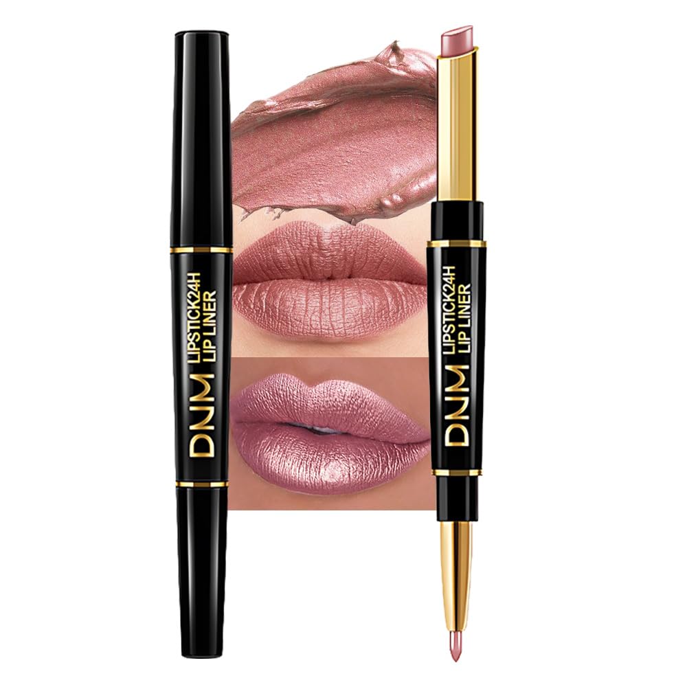 evpct 1Pcs Rose Nude Pink Metallic Shine Shimmer Lip Liner and Lipstick Combo Set Kit for Women, Lightweight Hydrating Formula High Impact Full Coverage Lipstick and Lip Liner Makeup Gloss, 17#