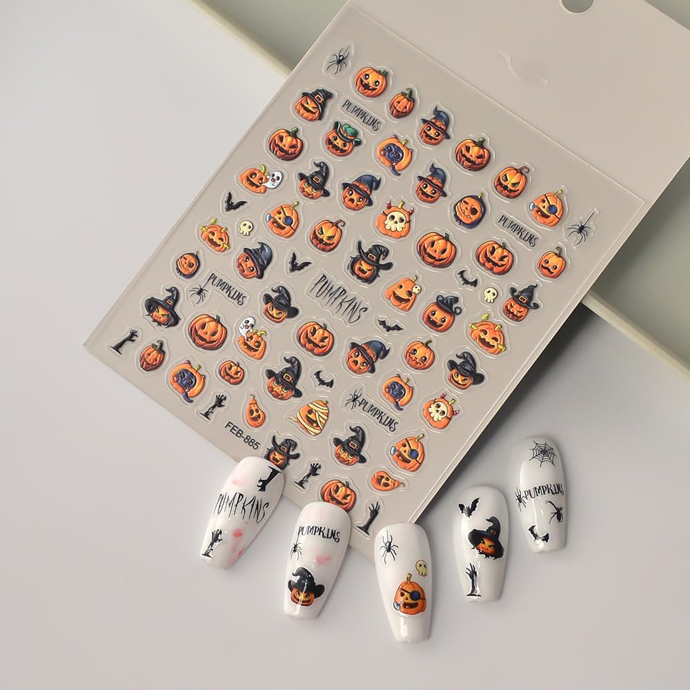 Halloween Nail Art Stickers 5D Embossed Pumpkin Bat Nail Stickers, Self-Adhesive Durable Nail Art Decals for Women Girls, Nail Wraps Decoration Manicure for DIY Acrylic Nail Accessories