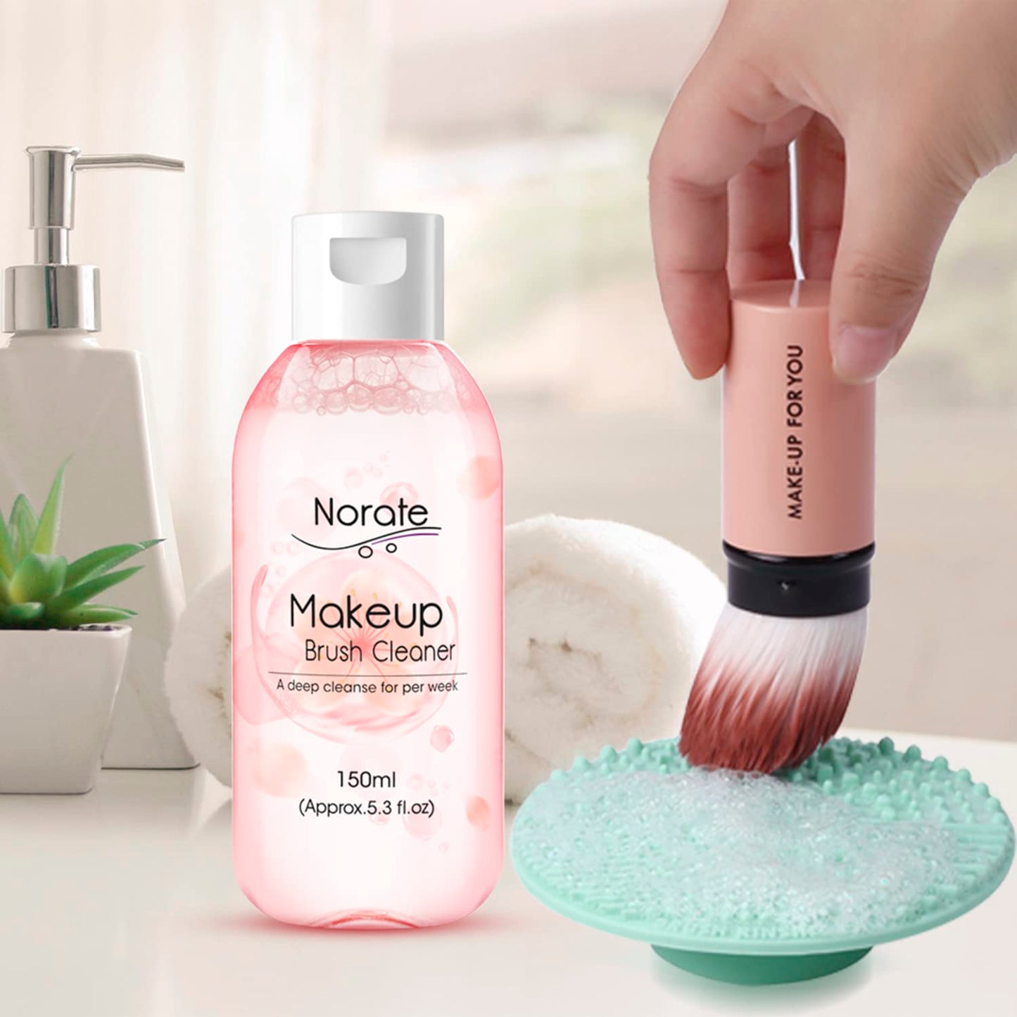 Norate Makeup Brush Cleaner, Make Up Brush Cleaner Solution + Makeup Brush Cleansing Pad, Brush Cleaner Mat for Brushes, Deep Clean Shampoo, Gentle Formula Cruelty Free, 2 Piece Set