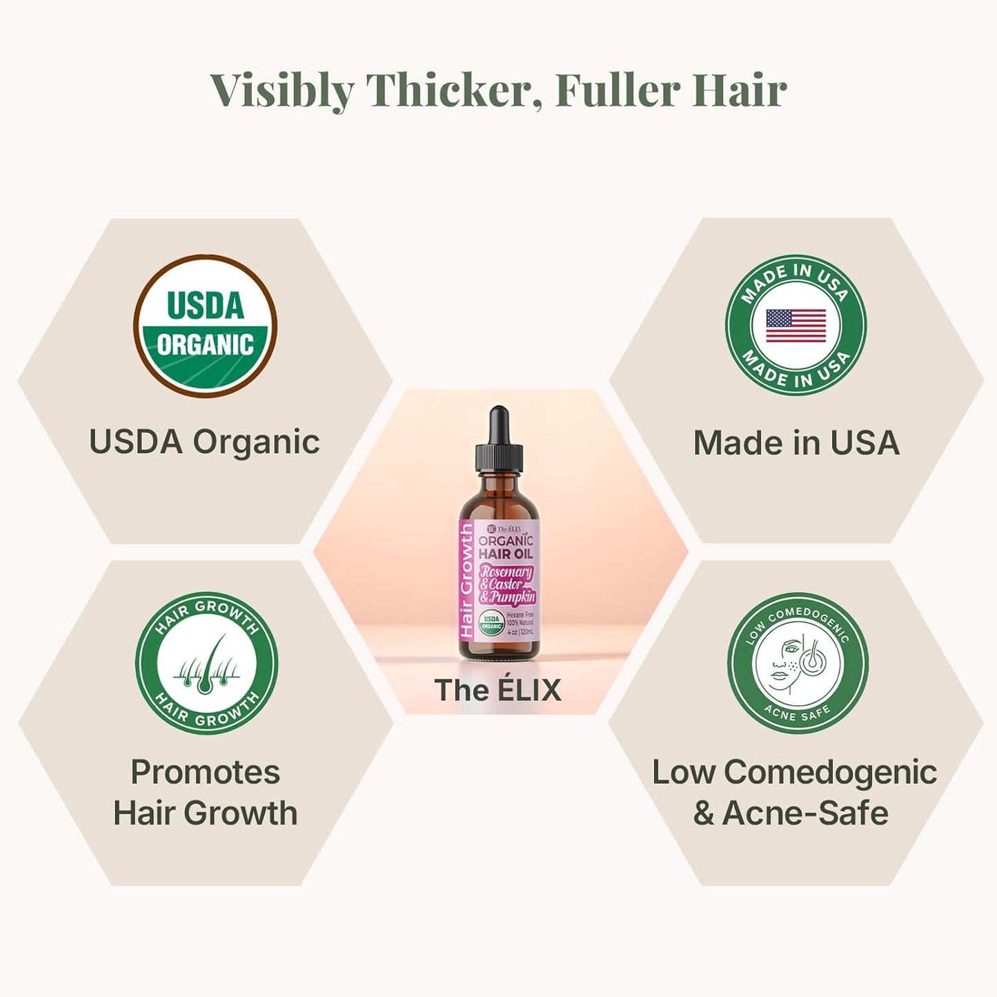 The ÉLIX USDA Organic Rosemary Oil for Hair Growth | Thickening Formula with Castor & Pumpkin Seed | for Hair Loss & Thinning | Made in USA | 4oz