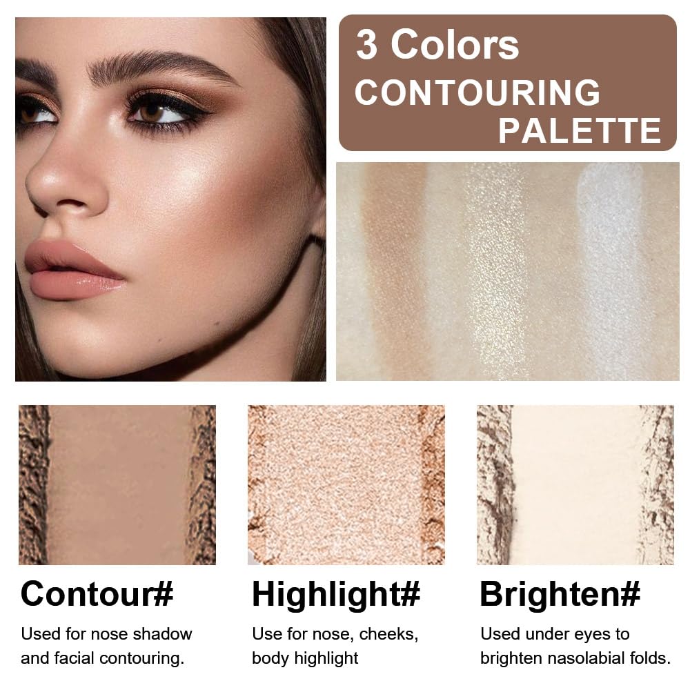 3 IN 1 Brown Nude Face Highlight Bronzer Powder Palette for Face Cheeks Contour Brightening, Buildable Matte Coverage Natural Makeup,Ultra Sculpt Nose Shadow Eyeshadow Primer 01#
