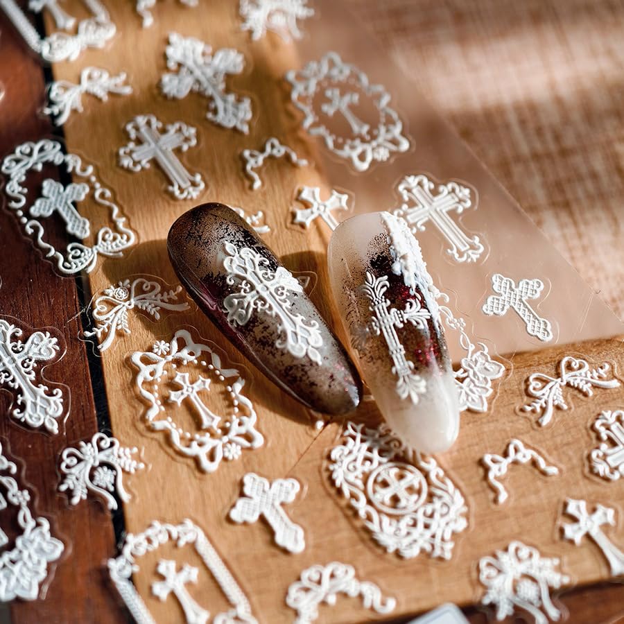 White Lace Cross Nail Art Stickers, 5D Embossed Manicure Decals for Nail Art Design Self-Adhesive Nails Supplies Accessories for Women