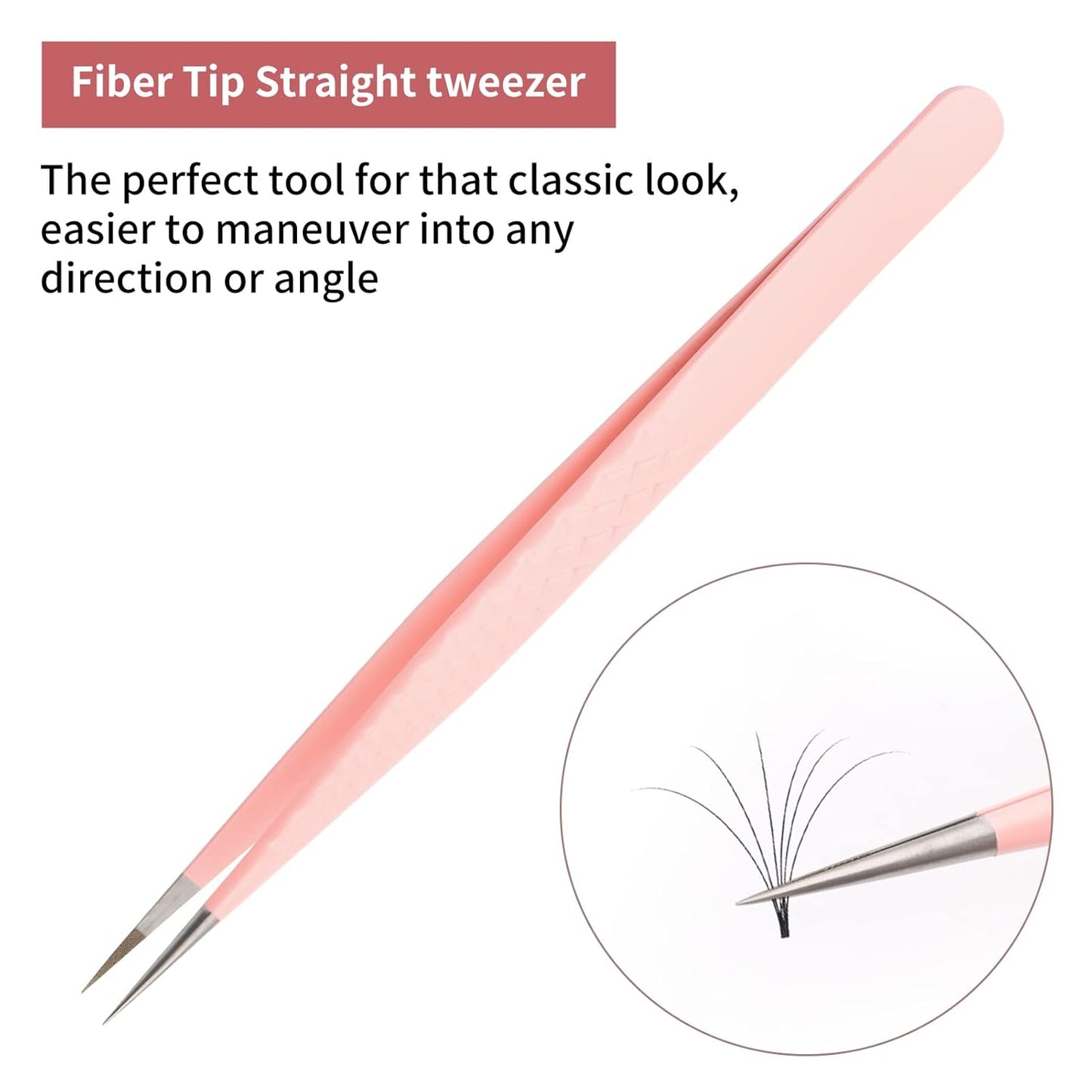 FADLASH Precision Lash Tweezers - Straight Fiber Tip Eyelash Extension Tweezers - Professional Artist Tech Work Kit - Pink