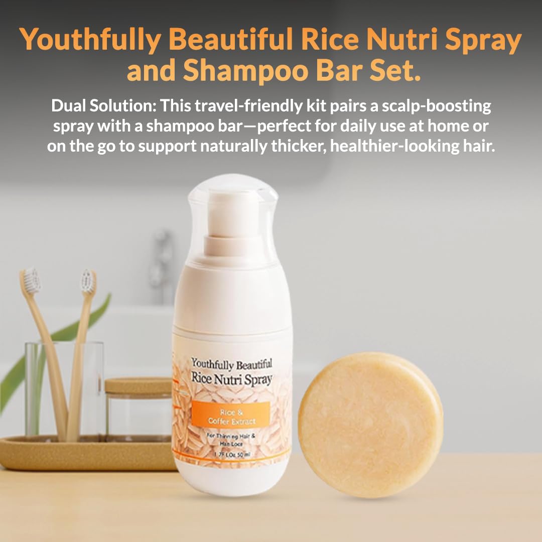 Youthfully Beautiful Rice Nutri Spray and Shampoo Bar Set Rice and Coffee Extract for Thinning Hair and Loss Hair Growth Support Natural Solid Cleanser Scalp Treatment Thickening Nourishing Care
