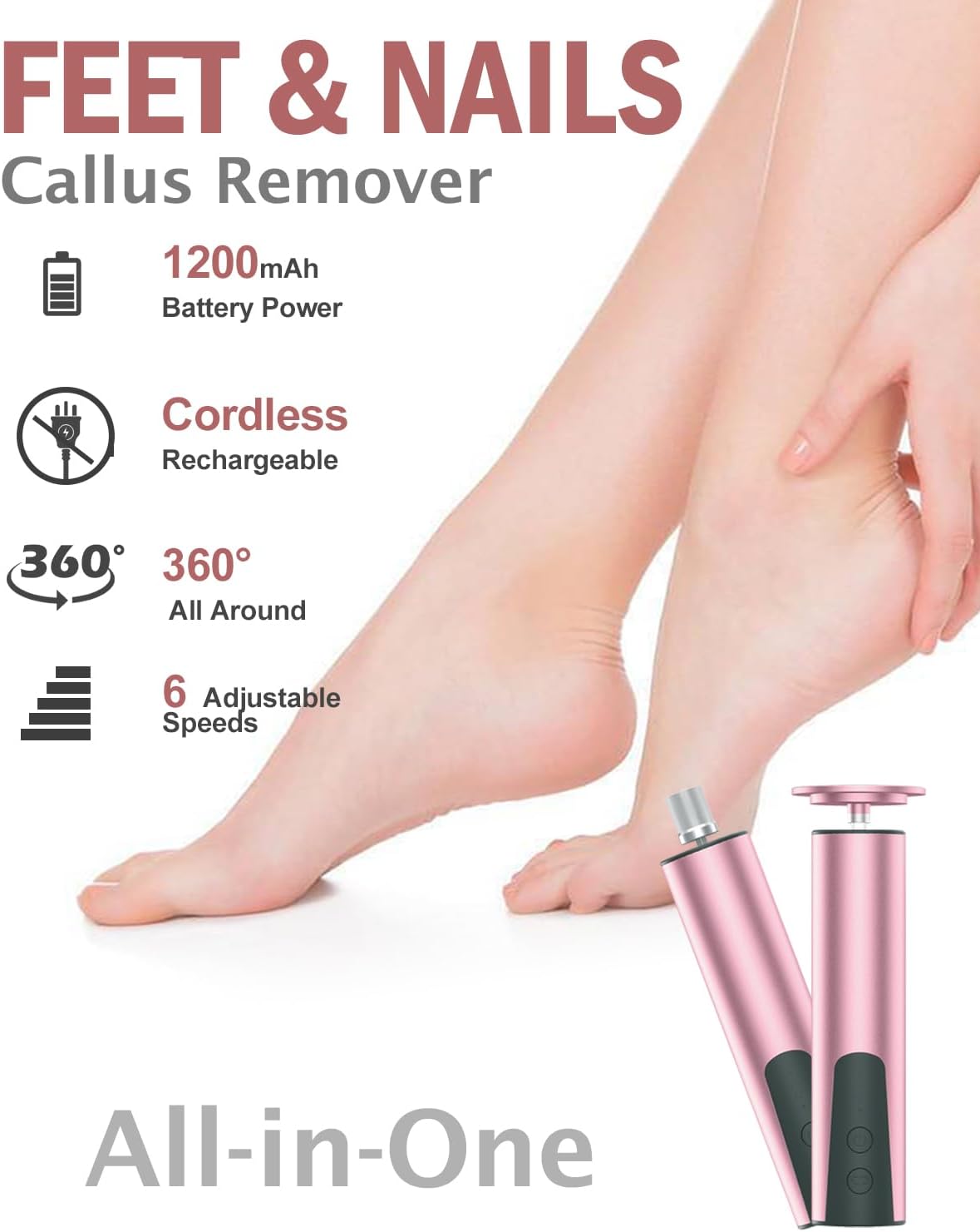 Electric Foot Callus Remover & Nail Drill - 2 in 1 Rechargeable Foot File Grinder Nail Polish Remover - 6 Speed Pedicure Tool Dead Skin Remover for Dry Cracked Feet - Grater Buffer for Feet for Women