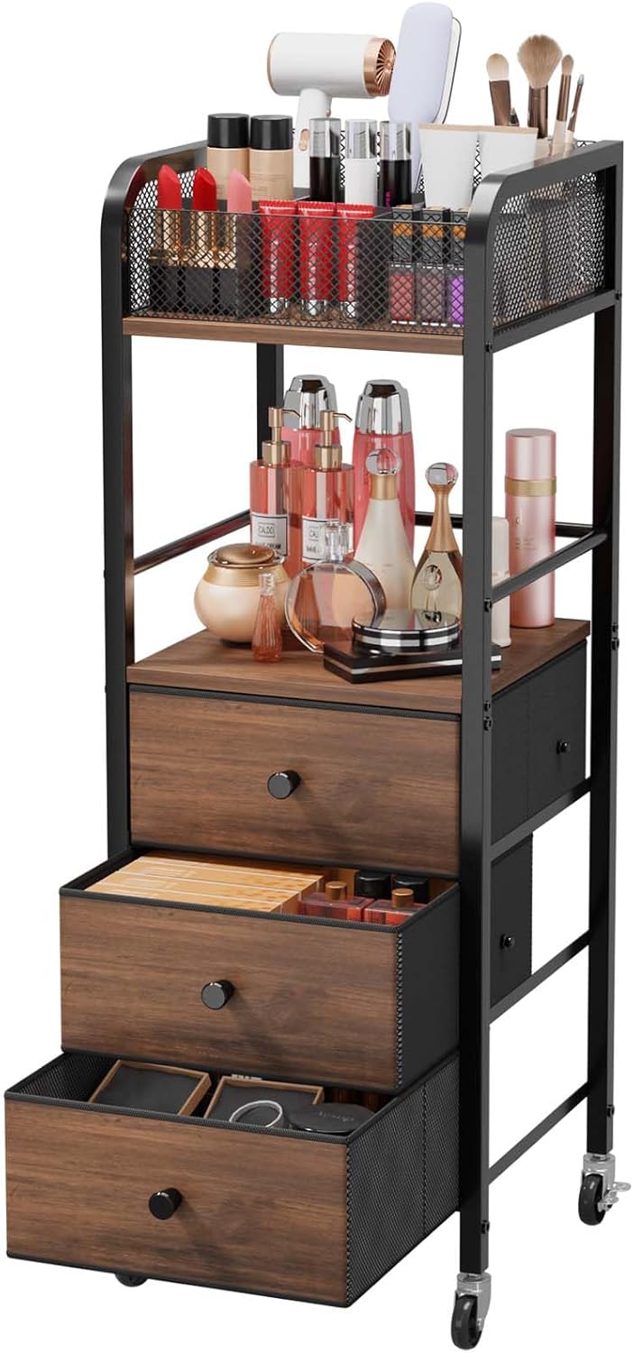 HapiRm Rolling Makeup Cart Organizer - Floor Skincare Make Up Storage with 3 Drawers, Vanity Organizer Cosmetic Display Cases Holder for Skin Care Perfume Nail Polish Brush Hair Tool