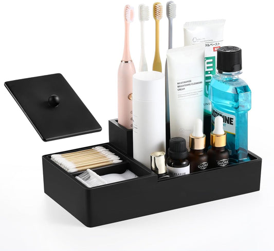 Luxspire Bathroom Counter Organizer - 5 Slot Toothbrush Holder with Lid for Cotton Balls, Q-Tips, Floss - Matte Black