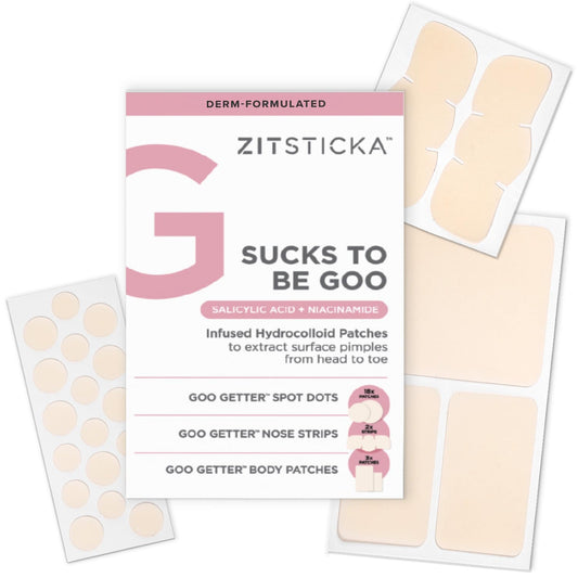 ZitSticka Pimple Patches for Face and Body, Goo Getter Hydrocolloid Patches to Cover Zits & Blemishes, Acne Patches or Zit Spot Stickers, Body Blemish Patch (Sucks to be Goo 23 Pack)