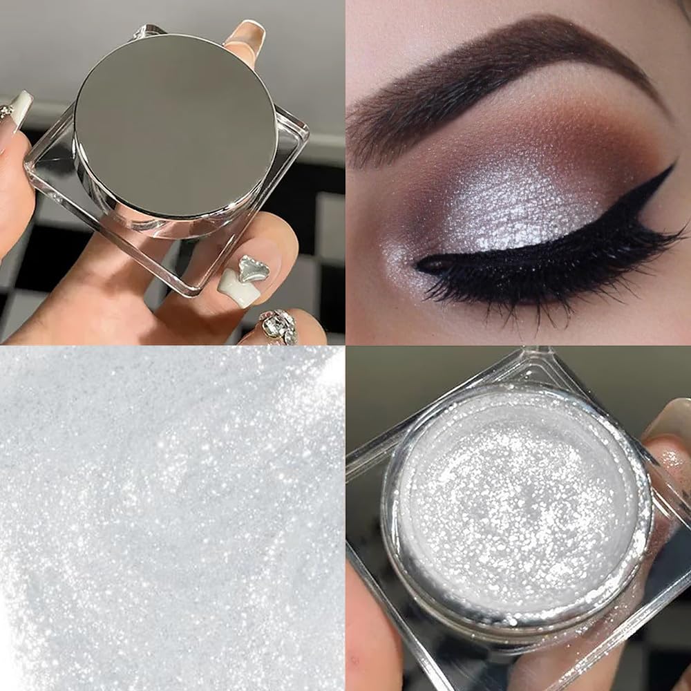 Single Cream Glitter Eyeshadow, Shimmer Eyeshadow Palette, Korean Eye Glitter Makeup, Ultra-Blendable, Sparkle Silver Eye Shadow, Single Shade Metallic Pigmented (Sparkle white)